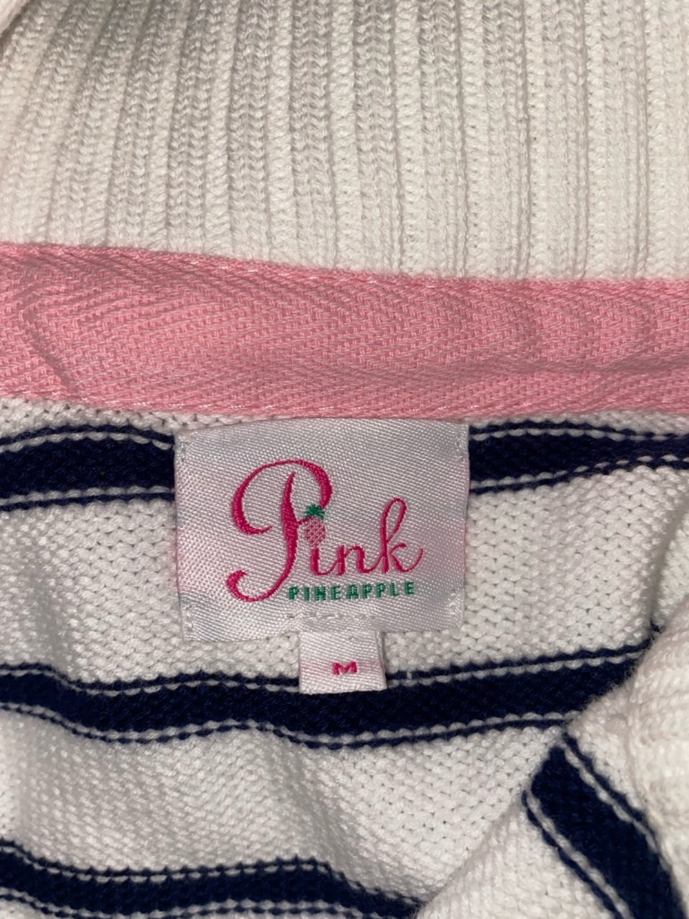 PINK PINEAPPLE 1/2 Zip Striped Cotton Sweater In White/Navy With Hearts on Elbow - Picture 4 of 5